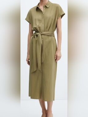 NWT Mango Olive Shirt Midi Dress with Waist Tie
